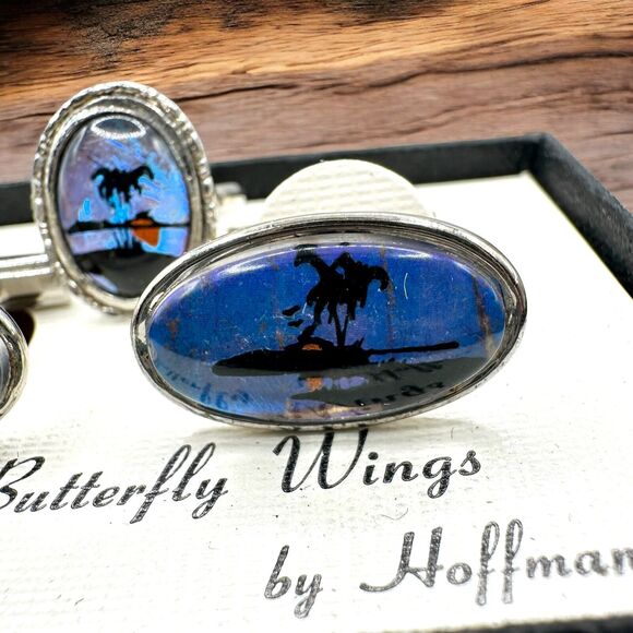 Vintage Hoffman Butterfly Wing Palm Tree Cufflinks & Child Ring Set w/ Box - Picture 3 of 5